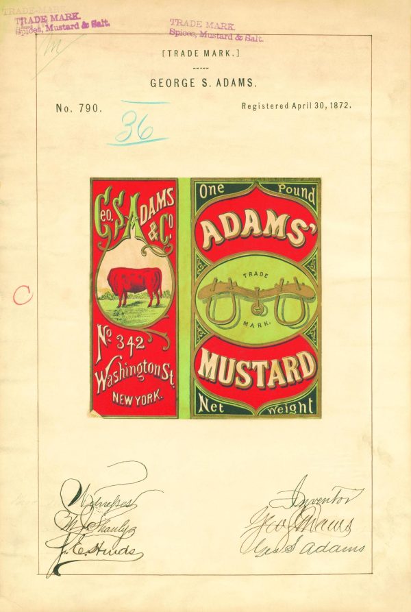 Adams’ Mustard Trademark 1872 Print - Vintage Mustard Label Art, Retro Packaging Design, Antique Culinary Wall Decor, Kitchen Art