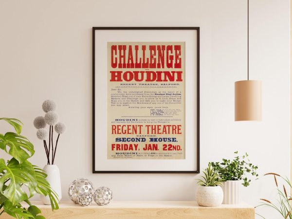 Vintage Challenge to Houdini Poster – Regent Theatre Salford Event Advertisement – Magic Memorabilia, Magician Poster, Vintage Magic Poster