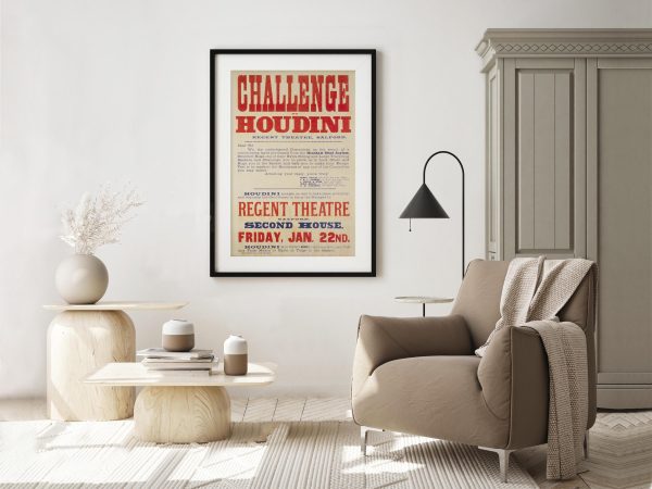 Vintage Challenge to Houdini Poster – Regent Theatre Salford Event Advertisement – Magic Memorabilia, Magician Poster, Vintage Magic Poster