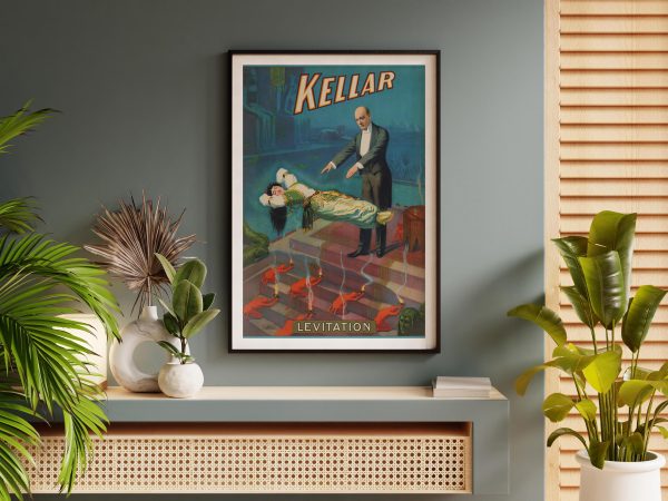 Kellar Vintage Magic Poster – Mystical Levitation, Kellar the Magician, Illusion Art, Devilish Assistants, Egyptian Revival Stage Design