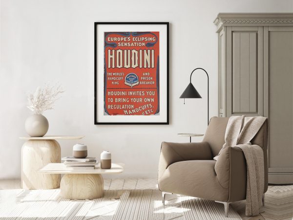 Houdini - Europe’s Eclipsing Sensation, Handcuff King Poster, Magic Show Advertisement, Escape Artist Decor, Illusionist Reproduction