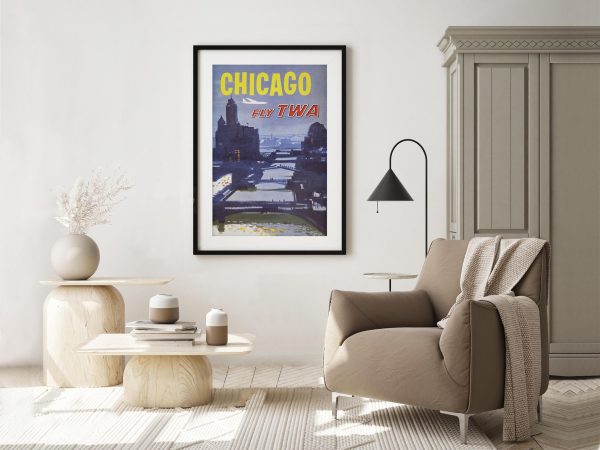 Chicago Travel Poster - Vintage Airline Art, Retro Chicago, Skyline Poster, Classic Airline Advertisement, Mid-Century Decor