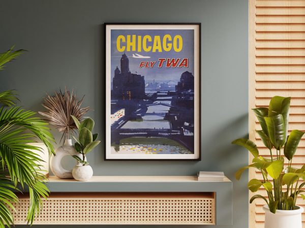 Chicago Travel Poster - Vintage Airline Art, Retro Chicago, Skyline Poster, Classic Airline Advertisement, Mid-Century Decor