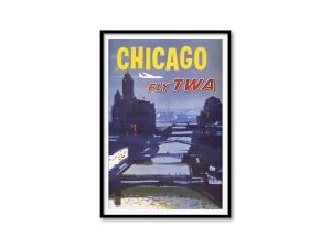 Chicago Travel Poster – Vintage Airline Art, Retro Chicago, Skyline Poster, Classic Airline Advertisement, Mid-Century Decor