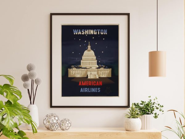 Washington American Airlines - Vintage Capitol Poster, 1950s Travel Art, Retro Airline Decor, American Airlines Washington DC Travel Poster