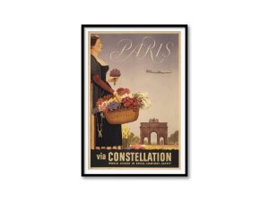 Paris Travel Poster – Vintage Paris via Constellation, Flower Basket and Arc de Triomphe, Retro Airline Art, Paris French Travel Print Decor