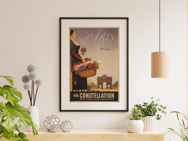 Paris Travel Poster - Vintage Paris via Constellation, Flower Basket and Arc de Triomphe, Retro Airline Art, Paris French Travel Print Decor