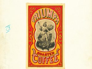 Triumph Roasted Coffee 1877 Poster - Classic Philadelphia Coffee Branding, Vintage Warrior-Themed Coffee Label Art, Antique Beverage Print