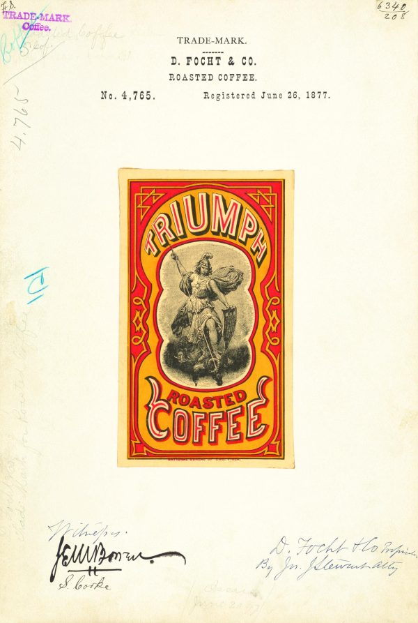 Triumph Roasted Coffee 1877 Poster - Classic Philadelphia Coffee Branding, Vintage Warrior-Themed Coffee Label Art, Antique Beverage Print