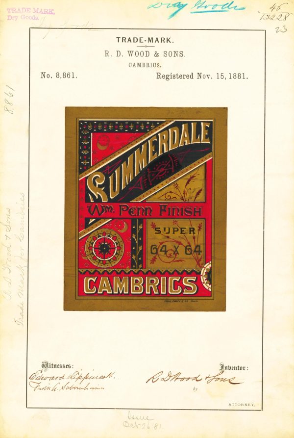 Wood & Sons Summerdale Cambrics 1881 Poster - Vintage Textile Label, Classic Dry Goods Ad, Antique Fabric Advertisement Print, Fashion Decor