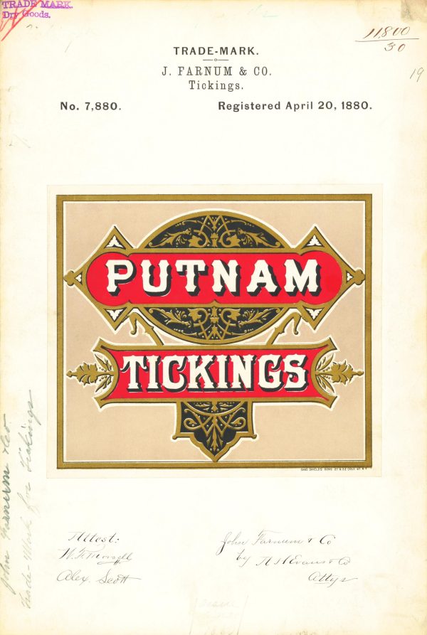 J. Farnum & Co. Putnam Tickings 1880 Poster - Vintage Textile Label, Classic Bedding Ad, Antique Fabric Advertising Print, Historic Decor