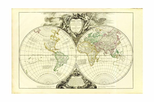 18th Century Orbis Vetus Map - Vintage World Map, Historic Double Hemisphere Chart, Early Global Geography, Reproduction Print