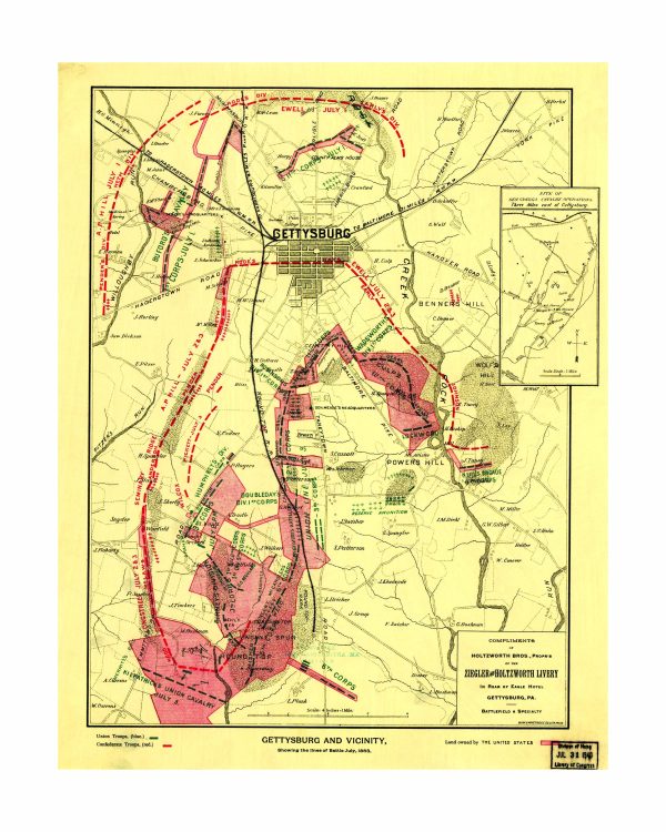 Historic Map of Gettysburg and Vicinity - Civil War Battle Lines, Union and Confederate Troops, Key Battle of Gettysburg Locations 1863