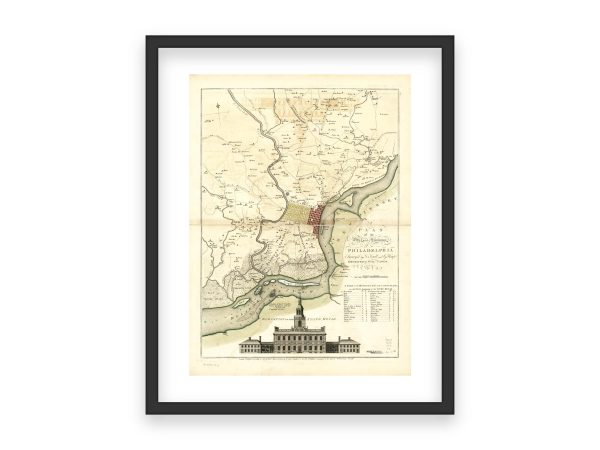 18th Century Philadelphia Map with Independence Hall Illustration - Early American City Planning and Colonial Era Landmarks