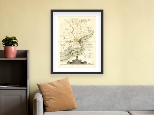 18th Century Philadelphia Map with Independence Hall Illustration - Early American City Planning and Colonial Era Landmarks