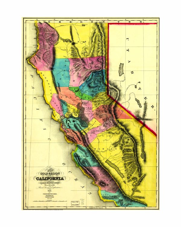 1851 Gold Region Map of California - Early Gold Rush Discovery, Western Territories, Historic Mining Districts, California Geography