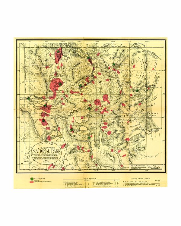 Map of Yellowstone National Park - Early 20th Century Map, Geysers, Hot Springs, and Natural Landmarks, Historic Tourist Routes