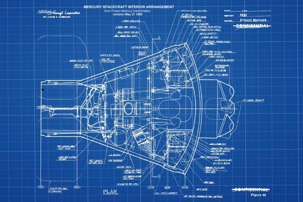 NASA Mercury Space Capsule Blueprint - 1959 Project Mercury Diagram, Detailed Interior Arrangement, Historic Spacecraft Engineering Plan