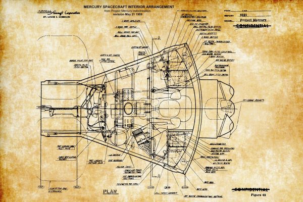 NASA Mercury Space Capsule Blueprint - 1959 Project Mercury Diagram, Detailed Interior Arrangement, Historic Spacecraft Engineering Plan