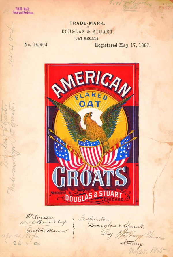 American Flaked Oat Groats 1887 Poster - Vintage Food Branding, Patriotic Eagle Design, Classic American Grain Label Art Print