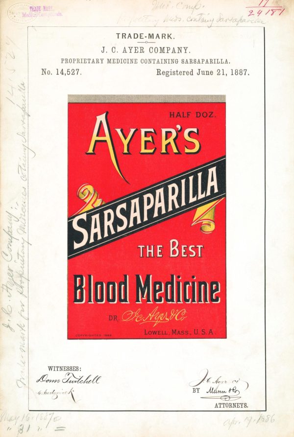 Ayer’s Sarsaparilla Blood Medicine Trademark 1887 Print - Vintage Medicine Label Art, Retro Health Remedy Poster, Antique Medical Decor