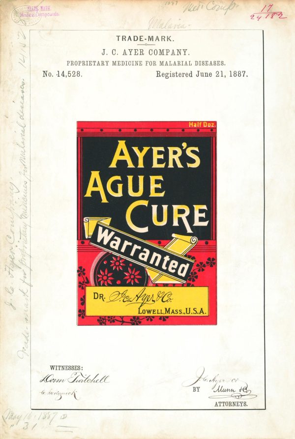 Ayer’s Ague Cure Trademark 1887 Print - Vintage Medicine Label Art, Retro Health Remedy Poster, Antique Malaria Treatment Decor