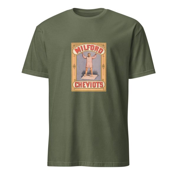 Vintage Textile Logo T-Shirt – Milford Cheviots Strongman Design, Cotton Unisex Tee, Retro Style for Fashion and History Fans