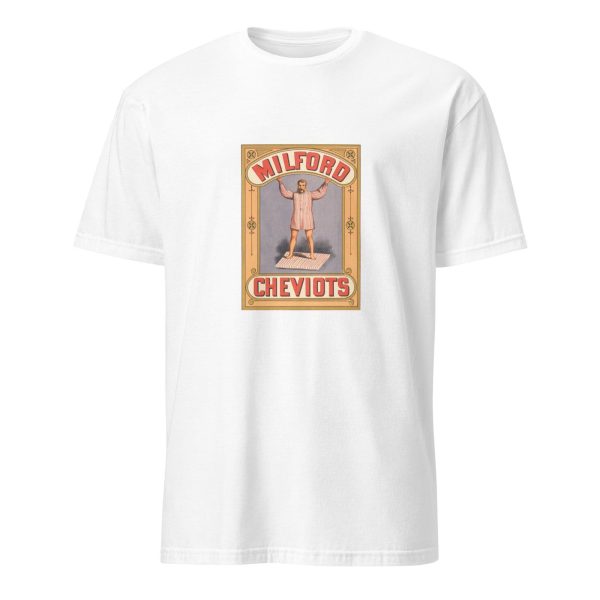 Vintage Textile Logo T-Shirt – Milford Cheviots Strongman Design, Cotton Unisex Tee, Retro Style for Fashion and History Fans