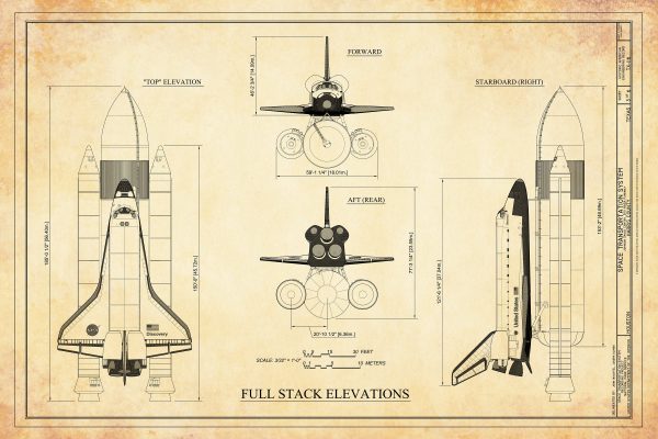 Space Shuttle Blueprint Elevation View Poster- Discovery Shuttle Elevation Drawing, Astronaut Poster, NASA Space Shuttle, Space Exploration