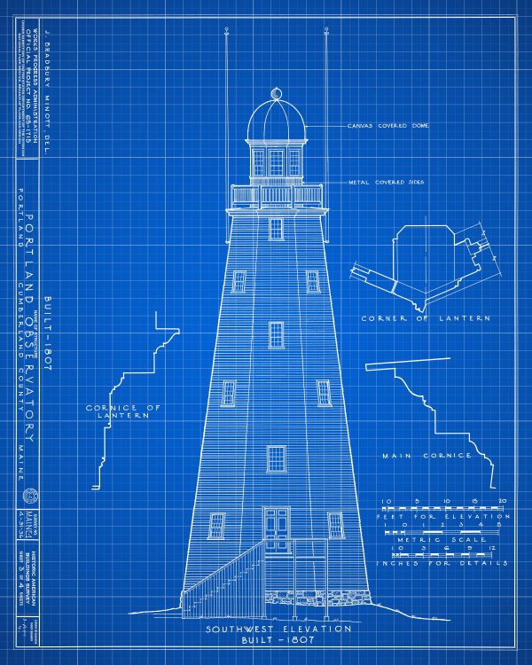 Portland Observatory Blueprint Drawing - Portland Maine Observatory Drawing, Maritime Signal Tower, Home Décor, Blueprint Décor, Nautical