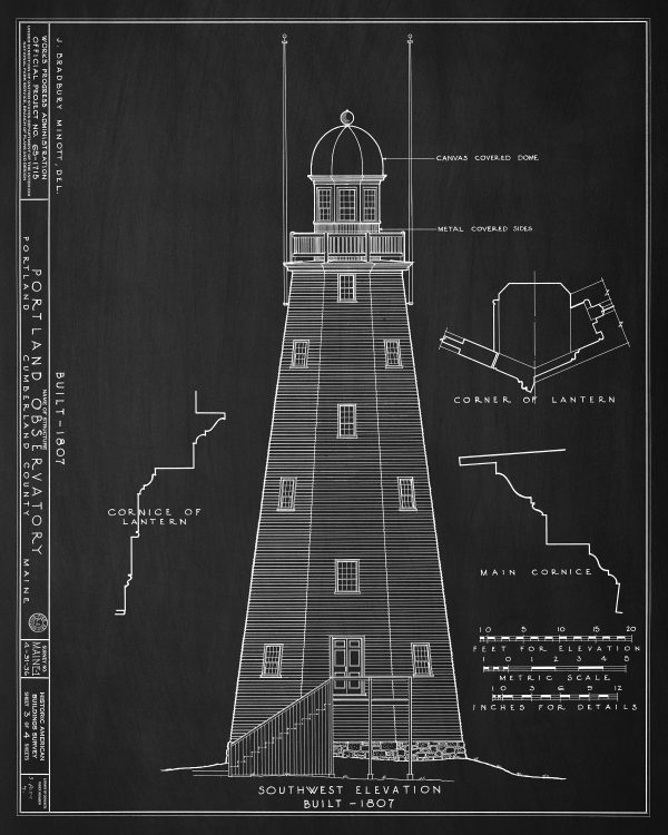 Portland Observatory Blueprint Drawing - Portland Maine Observatory Drawing, Maritime Signal Tower, Home Décor, Blueprint Décor, Nautical