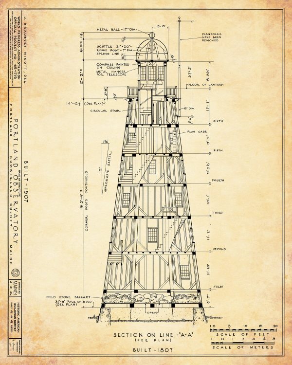 Portland Observatory Section Drawing Blueprint - Portland Maine Observatory, Maritime Signal Tower, Home Décor, Blueprint Décor, Nautical