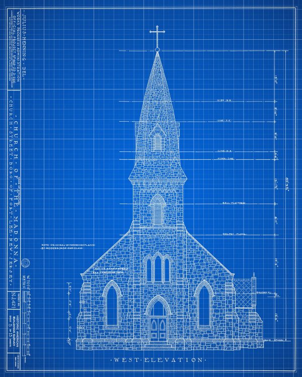 Church of the Madonna Blueprint Drawing - Fort Lee New Jersey Church Blueprint, Church Drawing, Home Decor, Wall Decor, Blueprint Décor