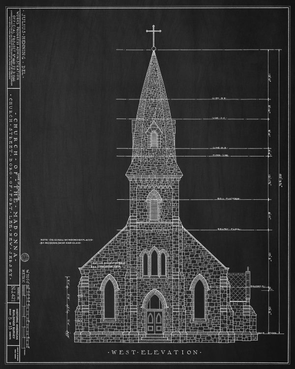 Church of the Madonna Blueprint Drawing - Fort Lee New Jersey Church Blueprint, Church Drawing, Home Decor, Wall Decor, Blueprint Décor