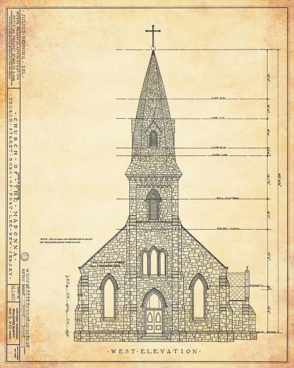 Church of the Madonna Blueprint Drawing - Fort Lee New Jersey Church Blueprint, Church Drawing, Home Decor, Wall Decor, Blueprint Décor