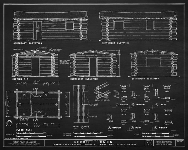 Rhodes Cabin Blueprint Drawing - Cabin Poster, Log Cabin Drawing, Cabin Decor, Great Basin National Park Cabin, Lehman Caves Monument