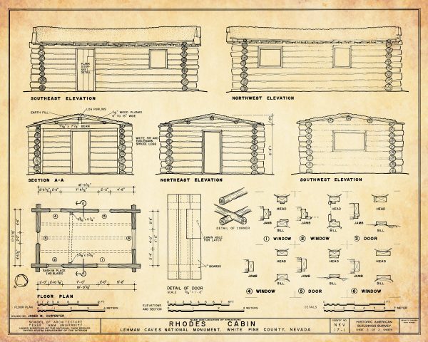 Rhodes Cabin Blueprint Drawing - Cabin Poster, Log Cabin Drawing, Cabin Decor, Great Basin National Park Cabin, Lehman Caves Monument