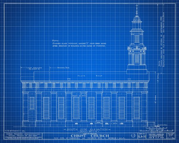 Christ Church Cathedral Side View Elevation Drawing - Mobile Alabama Church Blueprint, Church Drawing, Religious Home Décor, Blueprint Décor