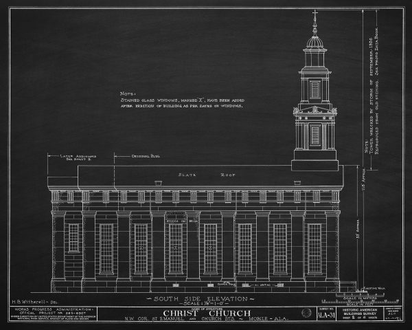 Christ Church Cathedral Side View Elevation Drawing - Mobile Alabama Church Blueprint, Church Drawing, Religious Home Décor, Blueprint Décor