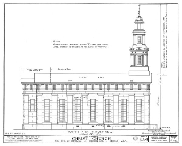 Christ Church Cathedral Side View Elevation Drawing - Mobile Alabama Church Blueprint, Church Drawing, Religious Home Décor, Blueprint Décor