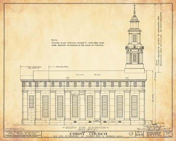 Christ Church Cathedral Side View Elevation Drawing - Mobile Alabama Church Blueprint, Church Drawing, Religious Home Décor, Blueprint Décor