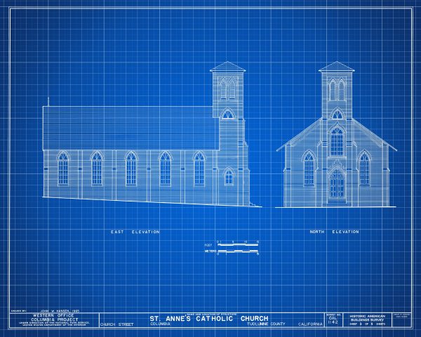 St. Anne's Catholic Church Side View Elevation Drawing - California Church Blueprint, Church Drawing, Religious Home Décor, Blueprint Décor