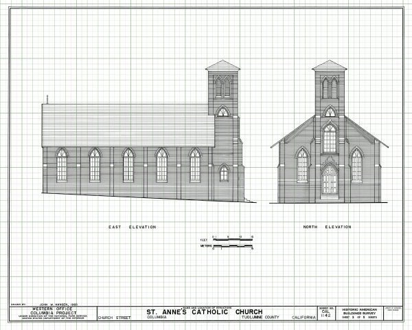 St. Anne's Catholic Church Side View Elevation Drawing - California Church Blueprint, Church Drawing, Religious Home Décor, Blueprint Décor