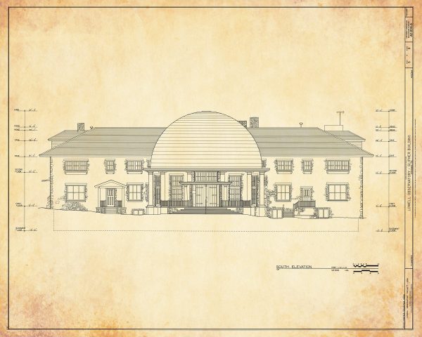 Lowell Observatory Slipher Building Elevation Drawing - Arizona Observatory, Home Décor, Blueprint Décor, Astronomer Gift, Astronomy