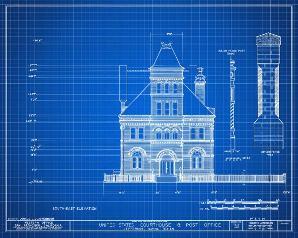 Jefferson Texas Courthouse & Post Office Blueprint Drawing - Courthouse Poster Print, Courthouse Drawing, Law Firm Decor, Office Décor