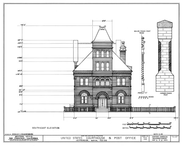 Jefferson Texas Courthouse & Post Office Blueprint Drawing - Courthouse Poster Print, Courthouse Drawing, Law Firm Decor, Office Décor