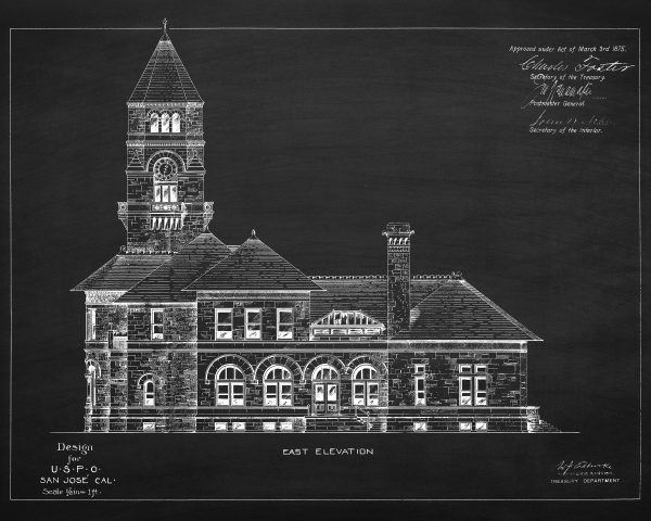 San Jose California Post Office Elevation Drawing Blueprint - Old Post Office Blueprint, Post Office Drawing, Office Decor, Blueprint Decor