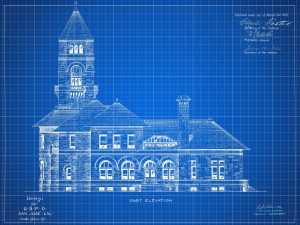 San Jose California Post Office Elevation Drawing Blueprint – Old Post Office Blueprint, Post Office Drawing, Office Decor, Blueprint Decor