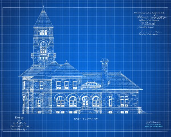 San Jose California Post Office Elevation Drawing Blueprint - Old Post Office Blueprint, Post Office Drawing, Office Decor, Blueprint Decor