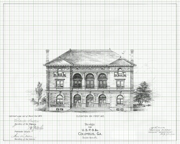 Columbus Georgia Courthouse & Post Office Elevation Drawing - Courthouse Poster Print, Courthouse Drawing, Law Firm Decor, Lawyer Gift